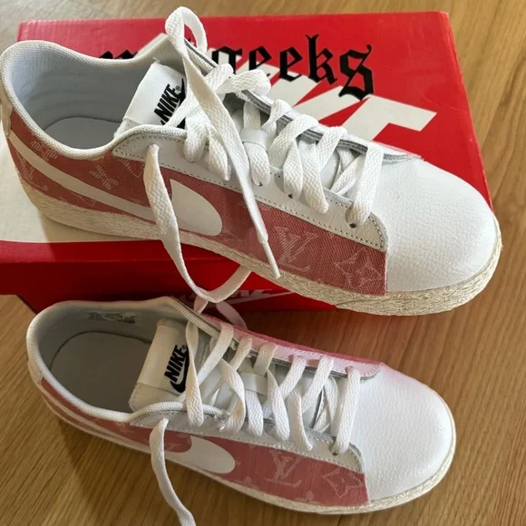 Not Geeks custom upcycled Nike x Louis Vuitton sneaker pink & white combo Size 8 - Picture 7 of 10